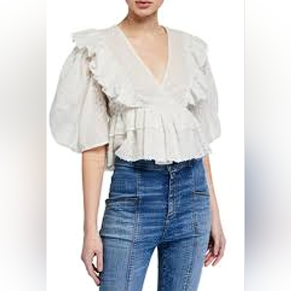 Rhode Elodie embroidered metallic puff sleeve ruffle top